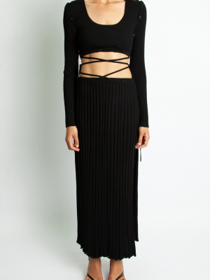 Drawstring-detailed Ribbed-knit Maxi Skirt