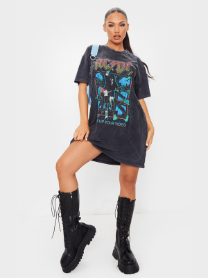 Black Acdc Print Acid Wash T Shirt Dress