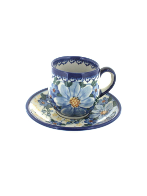 Blue Rose Polish Pottery Daisy Surprise Espresso Cup & Saucer