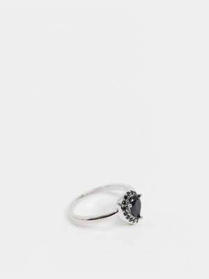 Asos Design Ring With Black Cz Tear Drop Crystal Stone In Silver Tone