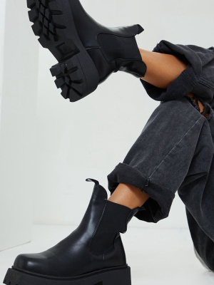 Black Matte Pu Chunky Cleated Pull On Sole Boots