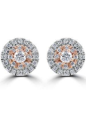 Pompeii3 5/8 Cttw Diamond Double Halo Vintage Studs 14k White& Rose Gold