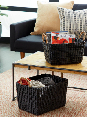 Olivia & May Set Of 2 Large Rectangular Handwoven Water Hyacinth Wicker Baskets With Banana Leaf Handles Black