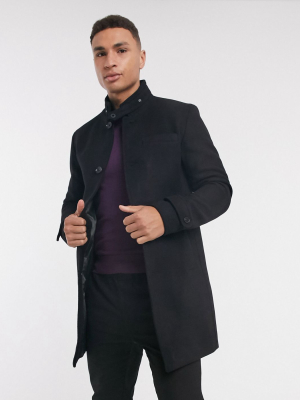 Jack & Jones Premium Check Wool Overcoat With Funnel Neck