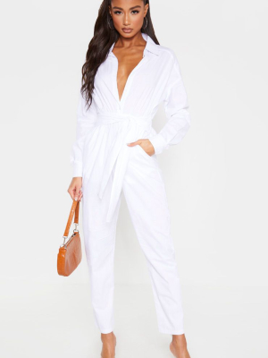 White Tie Waist Shirt Jumpsuit