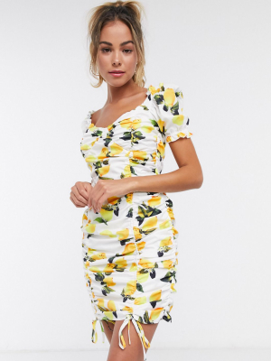 Missguided Milkmaid Dress With Ruched Detail In Lemon Print