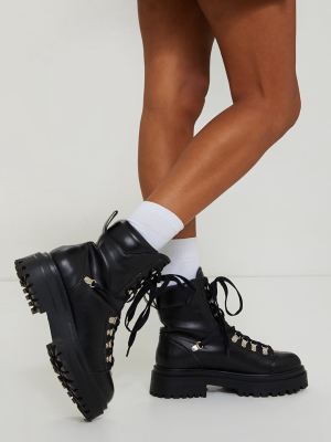 Black Pu Lace Up Chunky Hiker Boot