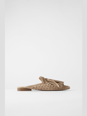 Woven Flat Leather Mules With Tassels