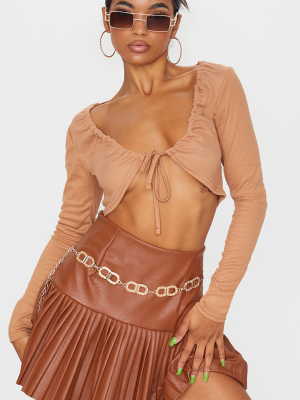 Camel Rib Drawstring Tie Long Sleeve Crop Top