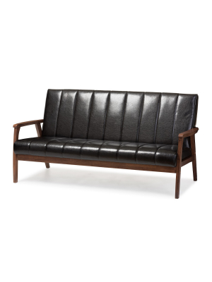 Nikko Mid - Century Modern Scandinavian Style Faux Leather Wooden 3 - Seater Sofa - Baxton Studio