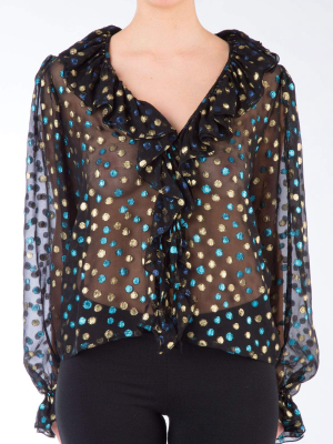 Saint Laurent Metallic Polka Dot Sheer Ruffled Blouse