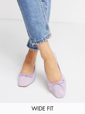 Asos Design Wide Fit Layer Leather Bow Ballet Flats In Lilac