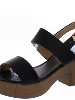 Irish01 Black Open Toe Slingback Chunky Wood Heel