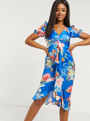 Lipsy Puff Sleeve Ruffle Detail Midi Dress In Cobalt Floral Print