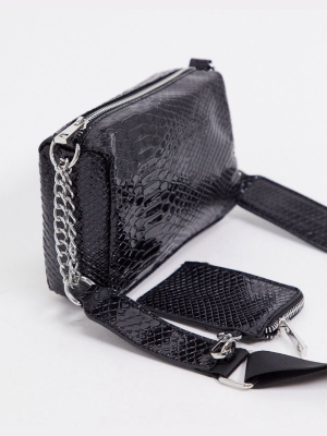 Asos Design Multi Pouch Cross Body Bag In Black Snake