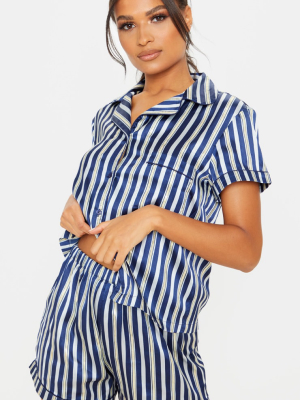 Navy Stripe Print Short Satin Pajama Set