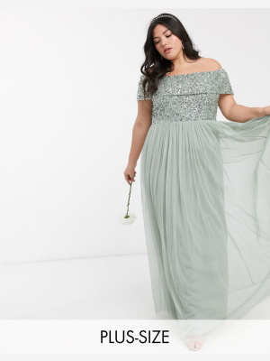 Maya Plus Bridesmaid Bardot Maxi Tulle Dress With Tonal Delicate Sequins In Sage Green