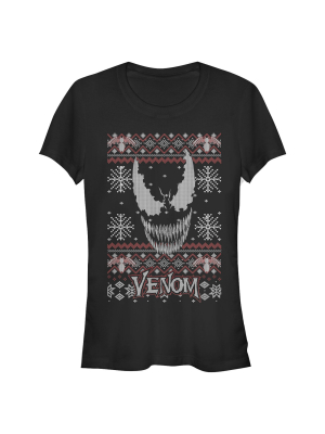 Junior's Marvel Ugly Christmas Venom Face T-shirt