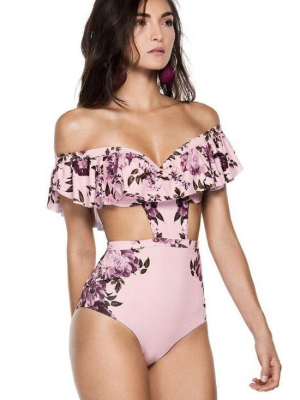 Ruffle Cutout Floral Printed Off Shoulder Monokini One Piece Swimsuit