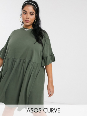 Asos Design Curve Super Oversized Frill Sleeve Smock Dress In Khaki