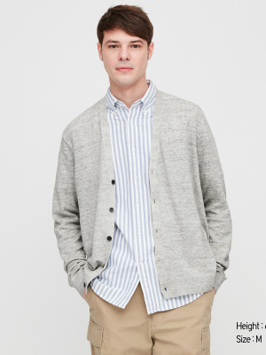 Men Linen Blended V-neck Long-sleeve Cardigan