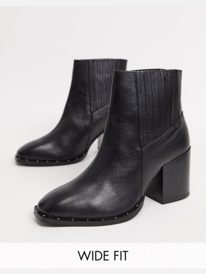 Asos Design Wide Fit Restless Leather Block Heel Boots In Black