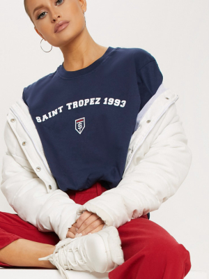 Navy Saint Tropez Print Oversized T Shirt