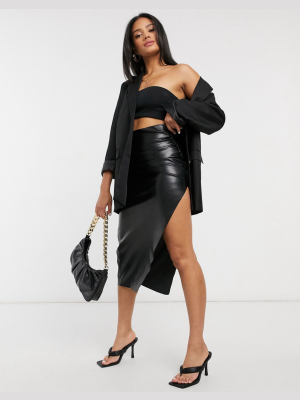 Asos Design Leather Look Ruched Side Split Midi Skirt In Black