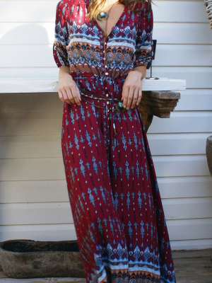 Burgundy Boho Style Printed Maxi Dress