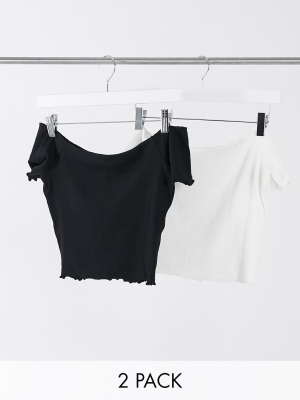 Glamorous 2 Pack Off Shoulder Crop Tops With Lettuce Hem Black And White