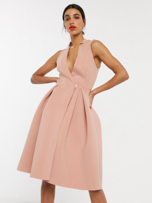 Asos Design Tux Midi Prom Dress With Zip Detail In Mahogany Rose