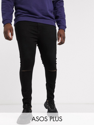 Asos Design Plus Spray On Jeans In Power Stretch Denim In Black With Knee Rip