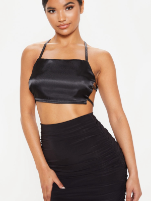 Black Satin Backless Strappy Crop Top