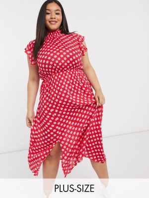 Wednesday's Girl Curve Midi Dress With Frill Sleeves In Floral Polka Dot