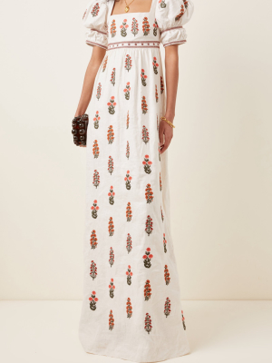 Pistacho Dahlia-embroidered Linen Maxi Dress