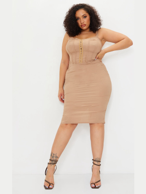 Plus Mocha Corset Detail Satin Midi Dress