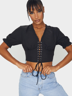 Black Woven Lace Up Crop Top