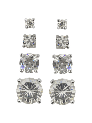 Sterling Silver Cubic Zirconia Quad Multi Size Stud Earring Set 4pc - A New Day™ Clear