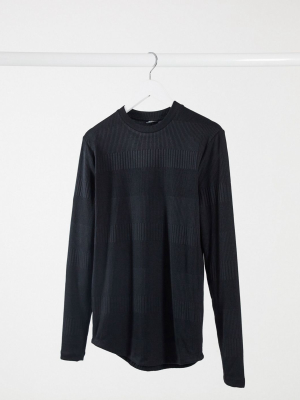 Asos Design Muscle Fit Long Sleeve T-shirt In Fancy Rib In Black