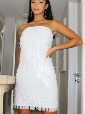 Petite White Tassel Sequin Bandeau Bodycon Dress