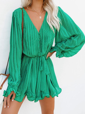 Viera Polka Dot Pleated Romper - Green