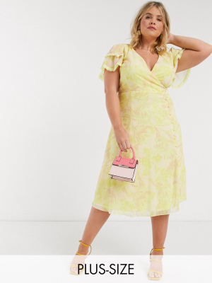 Little Mistress Plus Wrap Midi Dress In Lemon Floral