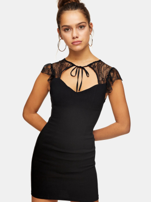 Petite Black Lace Stretch Tie Mini Dress