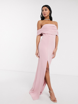 Yaura Column Maxi Dress With Pleat Off Shoulder Detail In Blush