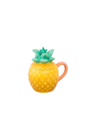 Evergreen Flag Ceramic Cup, 12 Oz, Pineapple Shape With Lid And Spoon
