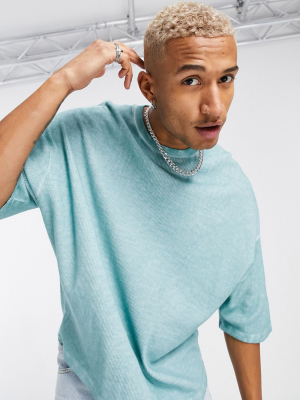 Asos Design Oversized T-shirt In Waffle With Oil Wash In Blue