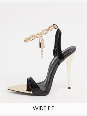 Public Desire Wide Fit Triumph Heeled Sandals With Padlock Anklet In Black