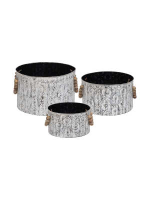 Set Of 3 Floral Whitewashed Metal Decorative Storage Nesting Baskets - Foreside Home & Garden