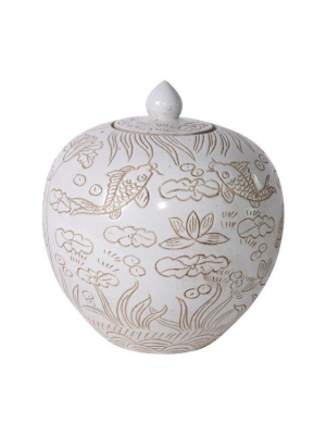 Carved Fish Melon Jar, Matte White