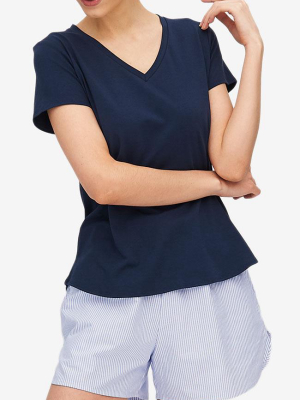 Short Sleeve V Neck T-shirt Denim Blue Stretch Jersey